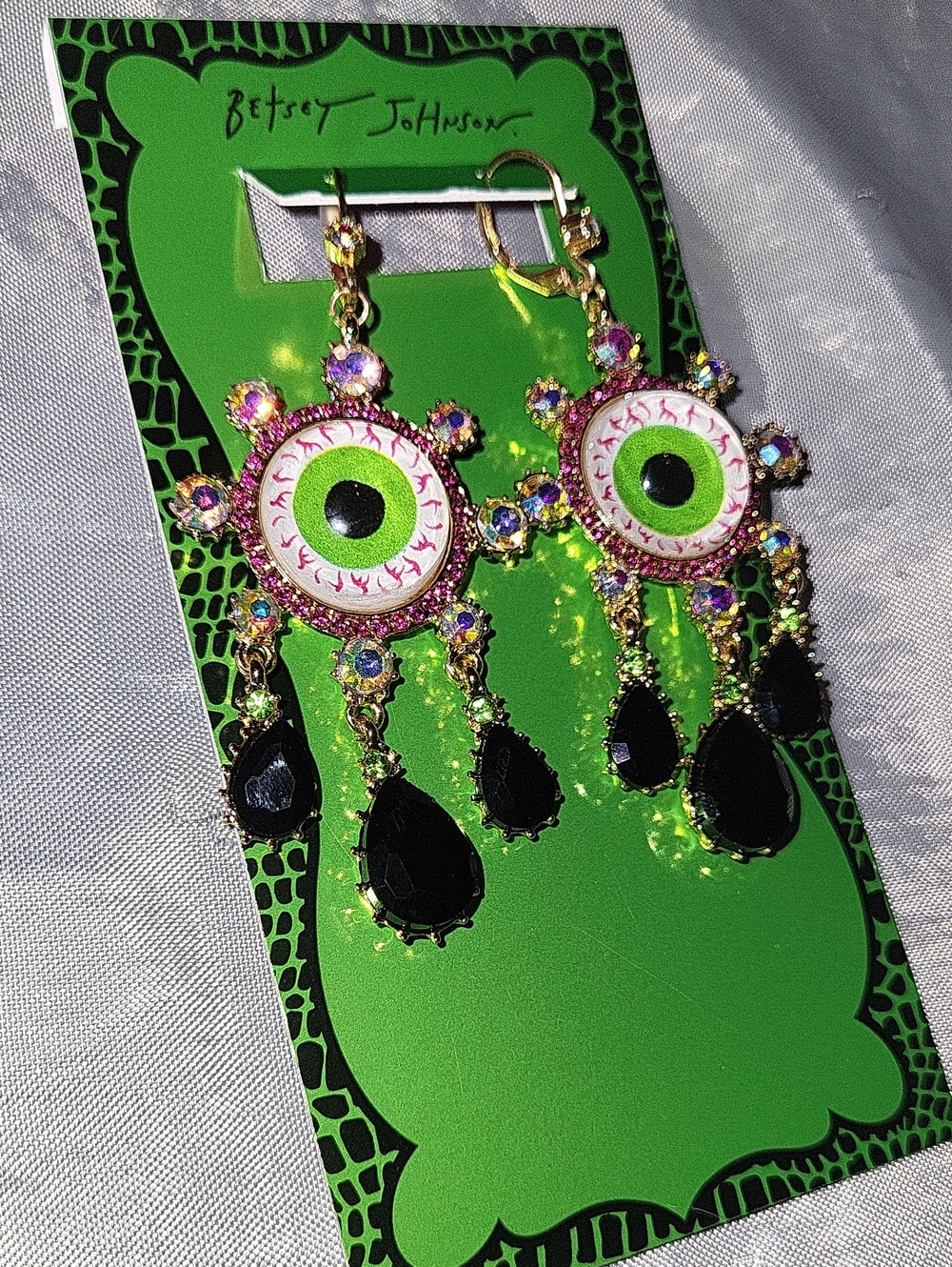 Betsey Johnson Neon Green Eyeball Drop Earrings with Black Teardrops